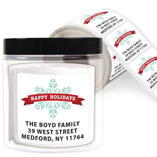 Happy Holiday Snowflake Square Address Labels in a Jar